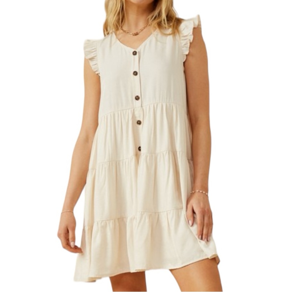 Cream Tiered Button-Front Ruffle Sleeve Dress